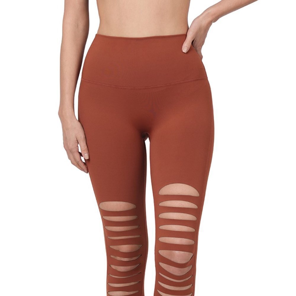 Travel Passions - Dark Rust Athletic Knee Cut Out Leggings - Picture 2 of 5